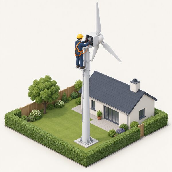 A technician in a safety harness and hard hat working at the top of a small wind turbine's tower, servicing the nacelle with tools, with the turbine blades stationary and the tower rising from a domestic garden setting.