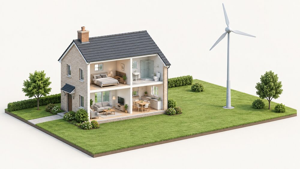 A small domestic wind turbine with a rotor several metres across mounted on a tall pole tower in an open, unobstructed garden or field beside a house, standing well clear of nearby buildings and trees so it catches strong, steady wind.