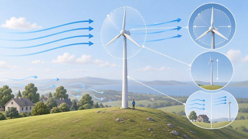 A diagram-style scene of a small wind turbine on a tall tower on a smooth open hilltop, with a cutaway showing the rotor's circular swept area, arrows of wind flowing stronger and steadier at height above nearby buildings and trees, all combining to set annual output.