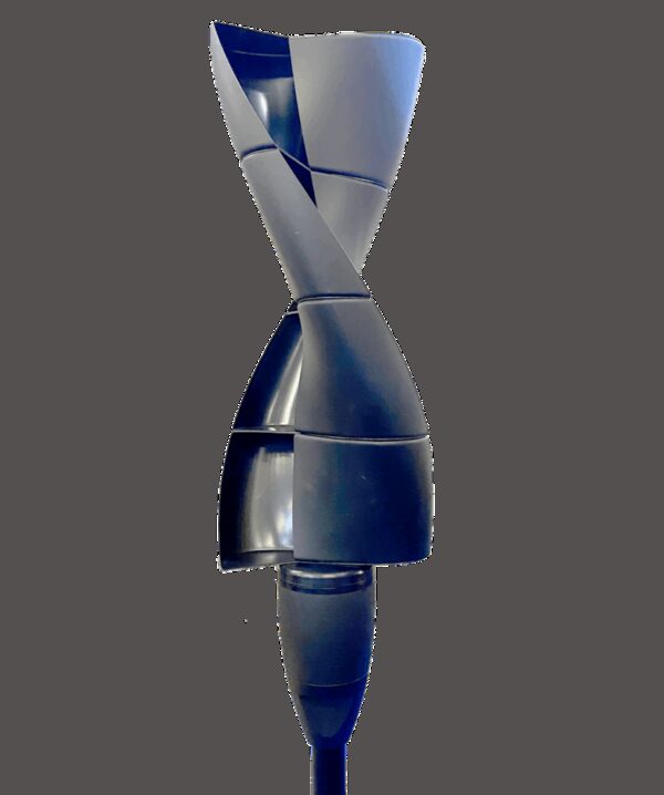 A black vertical-axis spiral wind turbine blade assembly on a pole, the Rutland VertX 360 windcharger