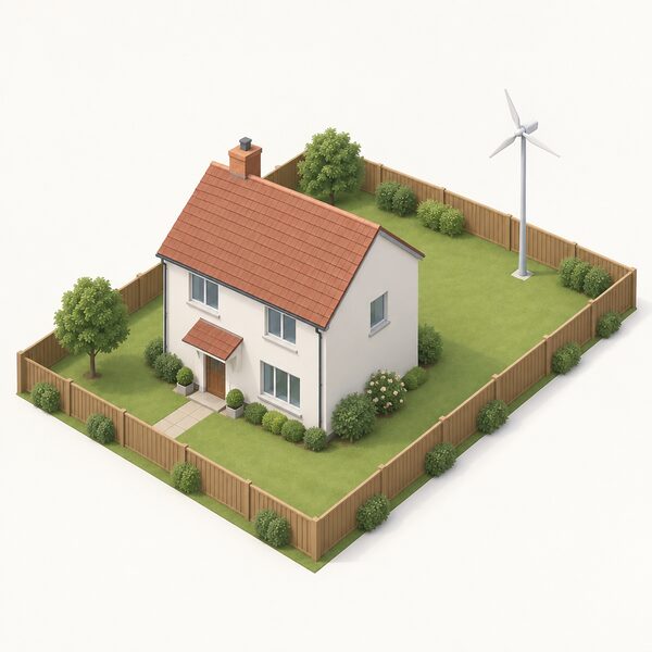 A simple detached house with a small stand-alone wind turbine on a pole in its back garden, drawn plainly with no designated-land features, no highway and no neighbouring buildings, showing an ordinary case where permitted development rights could apply.