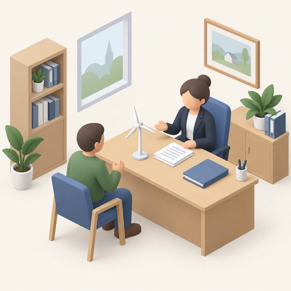 A simplified isometric householder sits across a council office desk from a planning officer, discussing a small model wind turbine placed on the desk between them alongside a folder of papers shown only as blank lines.