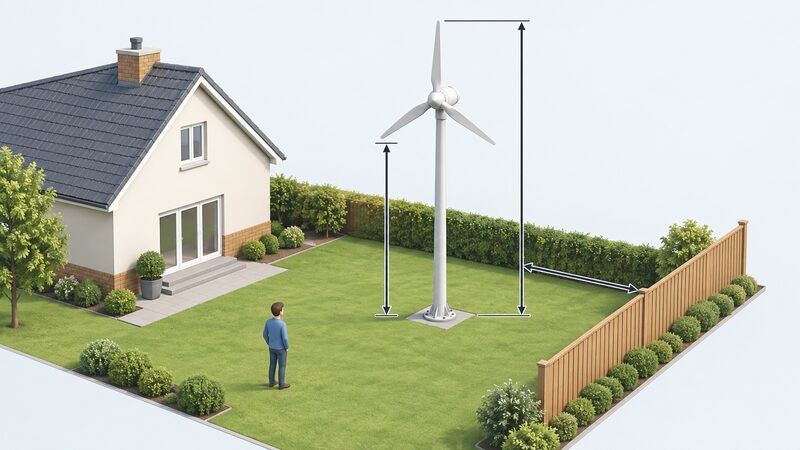 A diagram of a small domestic pole-mounted wind turbine in a garden, with dimension lines and arrows marking the total height from the ground, the clearance between the lowest blade tip and the ground, and the horizontal setback from the property boundary, shown as plain unlabelled measurement lines.