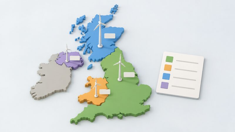 A simplified map of the British Isles divided into four plain colour regions for England, Wales, Scotland and Northern Ireland, each region marked with a small stand-alone wind turbine icon of differing height and a blank label block, with a printed legend sheet beside it showing plain colour bands and blank lines.