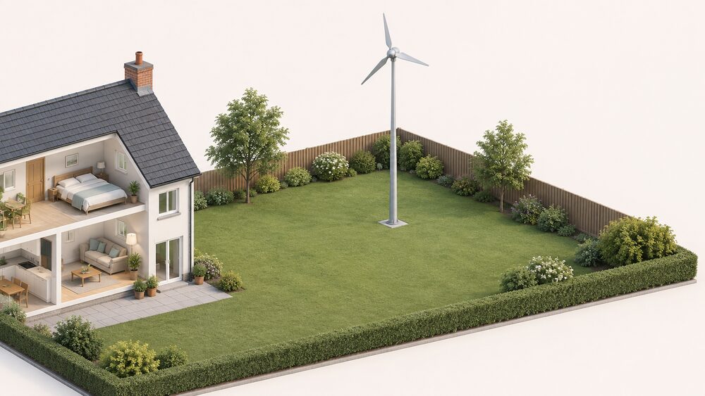 A small stand-alone domestic wind turbine on a mast in the middle of a grassy back garden, its lowest blade well above head height, standing far back from the garden's boundary fence, with the house visible at the edge of the scene.