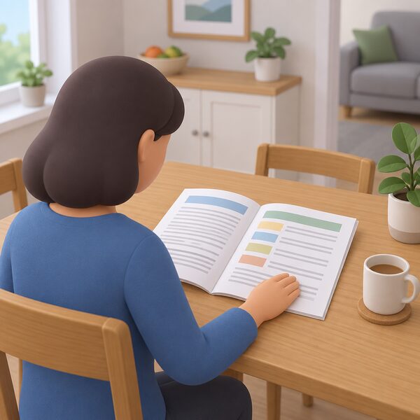 A printed copy of the 2015 Order lying open on a wooden table in a home, its pages shown as plain text lines and colour bands, with a householder's hand resting on the Schedule page as they read it.