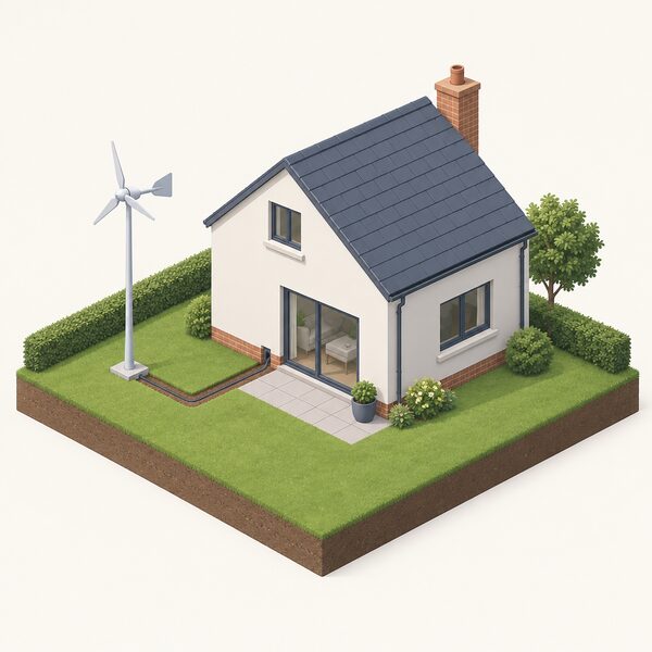 A small domestic wind turbine mounted on a slim pole in the garden beside a simple house, with a cable running from the turbine base down into the ground toward the house wall, drawn as a plain isometric scene with no people.