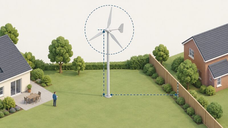 A simple annotated diagram of a pole-mounted domestic wind turbine in a garden, with dashed measurement lines showing the hub height above the ground, the circular blade sweep, and the horizontal distance from the mast to the property boundary near a neighbouring house.