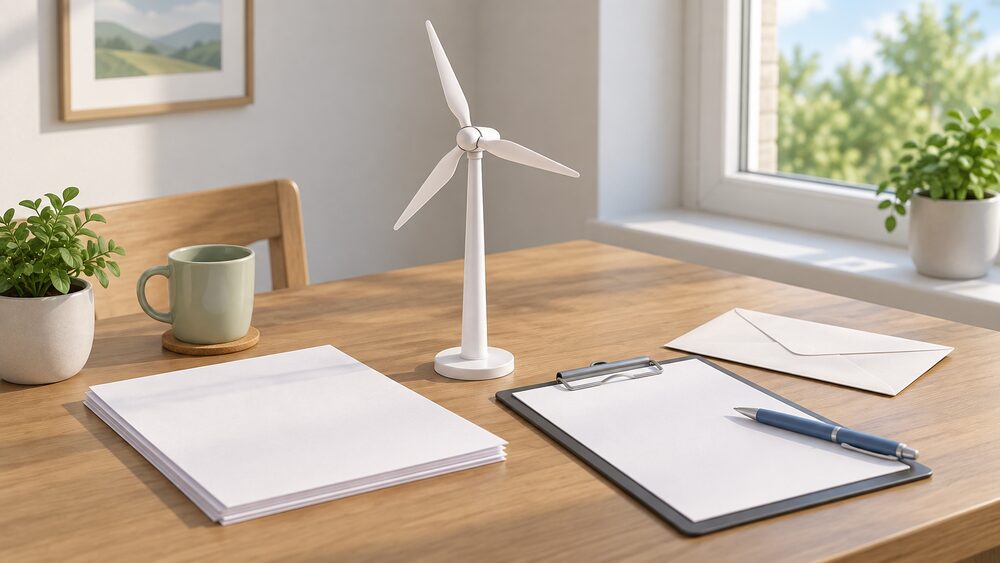 A small model of a white domestic wind turbine on a pole stands on a wooden table beside blank application paperwork, a sealed envelope, a clipboard with a blank form and a pen, all lit by daylight from a nearby window.