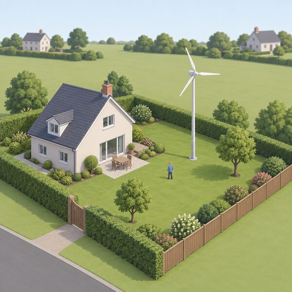 A small pole mounted wind turbine standing well inside the garden of a dwelling, its blade tips well above ground level and the whole machine clearly within the house's own plot boundary, with neighbouring houses set far away beyond the boundary.