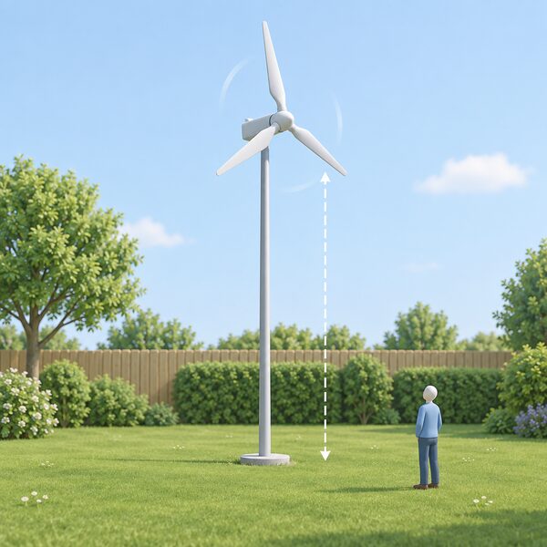 A small free-standing wind turbine on a slim pole in a grassy garden, drawn in side view with a dashed vertical dimension line from the ground to the underside of the blades showing the clear air gap beneath the slowly turning blades.