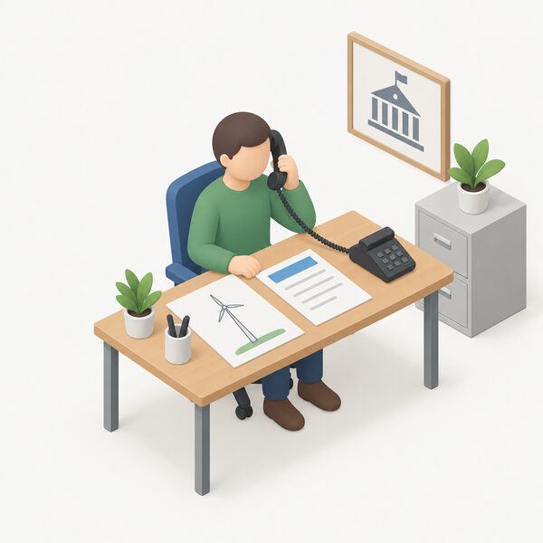 A simplified isometric figure sits at a home desk with a small drawing of a free standing wind turbine on a mast beside them, speaking on a telephone while a paper form with blank lines and a plain colour band lies on the desk, representing contact with the council planning department before installation.