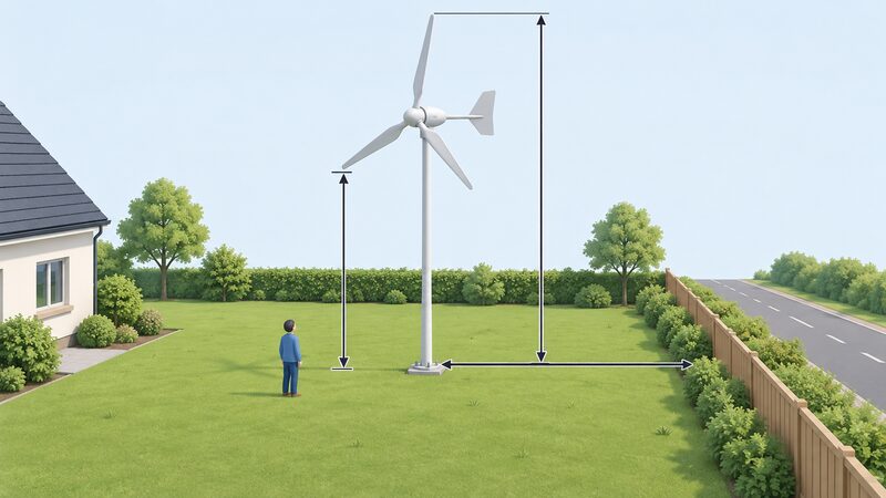 A diagram-style scene of a small free-standing pole-mounted domestic wind turbine on a grassy plot, with plain dimension arrows marking the blade tip height, the ground clearance beneath the blades, and the setback distance from the site boundary.