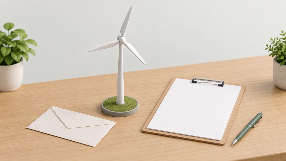 A small model of a free-standing pole-mounted wind turbine with three blades stands on a table beside blank paperwork on a clipboard, a pen and a plain envelope, suggesting the prior approval application made before a turbine is installed.