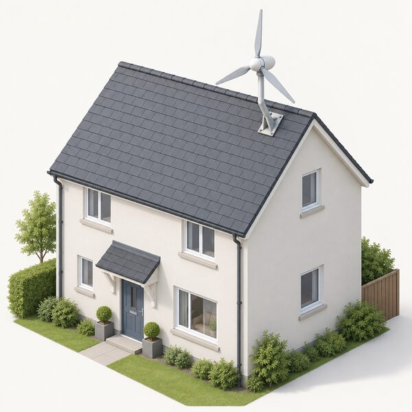 A small wind turbine mounted on the pitched roof of a simple house, fixed to the building itself rather than standing on a pole in open ground, shown from outside with the whole roof and mounting visible.