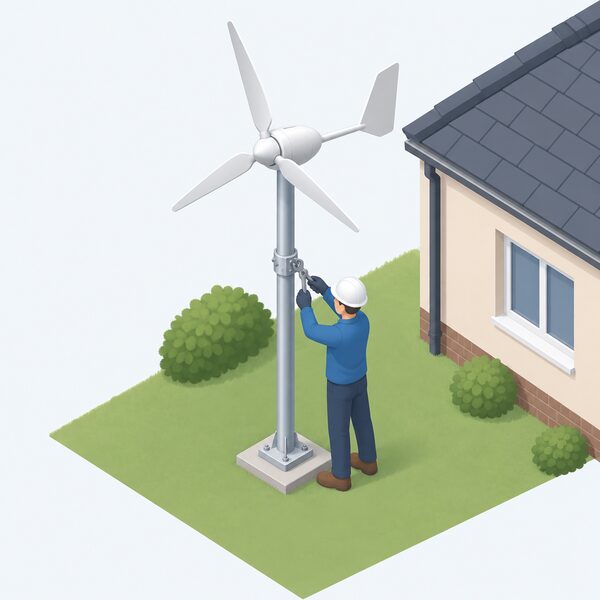 A certificated installer in plain work clothing fitting a small wind turbine on its pole beside a house, working at the turbine's base where it connects to the mounting, with the house wall visible behind.