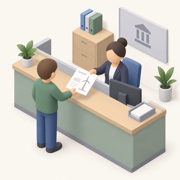 A simplified isometric householder standing at a council planning department counter, handing over a planning application form for a small wind turbine, with a small drawing of the turbine shown as a plain sketch on the form's face.