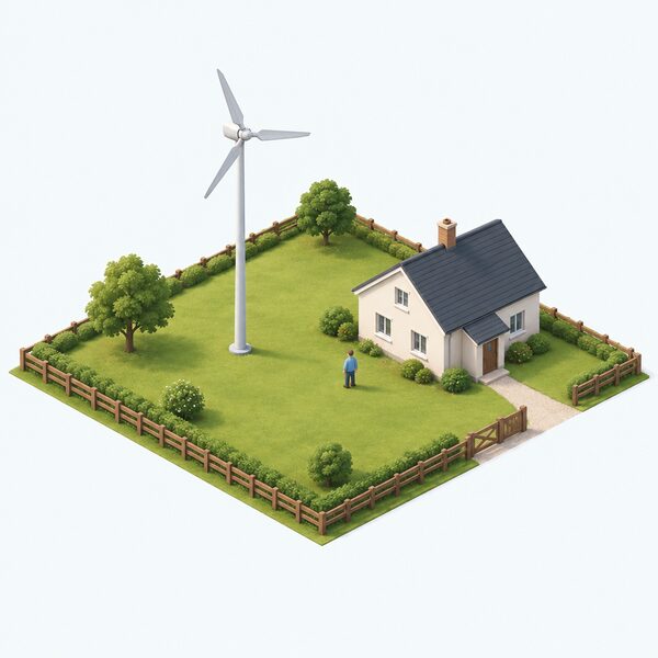 A single stand-alone wind turbine on a slim pole in open grassy ground within its own plot, standing near a small rural home with a clear gap to the plot boundary, no other equipment shown.
