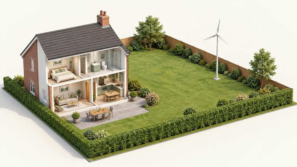 A small free-standing wind turbine on a slim mast standing in open grass in the grounds of a house, well back from the garden boundary fence, with the house roof left clear of any turbine.
