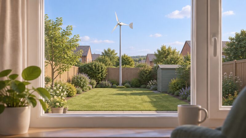 A small domestic wind turbine on a pole-mounted mast in a house's back garden, viewed from the nearest window of the house, with the distance between the turbine and that window emphasised by the viewpoint across the garden.