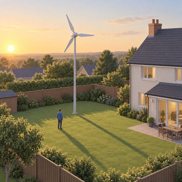 A small free-standing domestic wind turbine on a slim pole in a back garden, its three blades well clear of the ground and its tip below the height of the house roofline, with the house and a low sun casting a long soft shadow across the lawn.