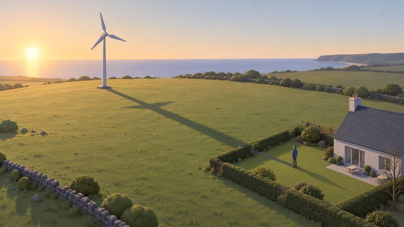 A small wind turbine on an exposed grassy site under a low winter sun, its rotor casting one long narrow shadow stretching across the ground to reach the garden of a nearby house, with a simplified figure standing in the garden looking at the shadow.