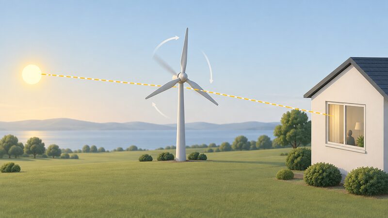 A diagram-style scene showing a low sun on one side, a three-blade wind turbine with turning rotor in the middle, and a house window on the other side, with dashed sight lines running from sun through the blade sweep to the glass to show the alignment that causes shadow flicker.