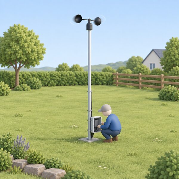 A cup anemometer mounted on a slim pole in an open grassy spot in a garden, standing at the exact location where a home wind turbine would be installed, with a small simplified figure nearby checking the monitoring equipment at the pole's base.