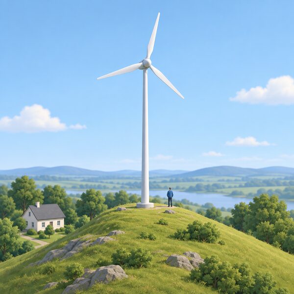 A small freestanding wind turbine on a tall mast stands on a raised hilltop, its blades well above and clear of nearby trees and a house below, so the rotor sits in smooth, steady wind rather than the turbulent air around the obstacles.