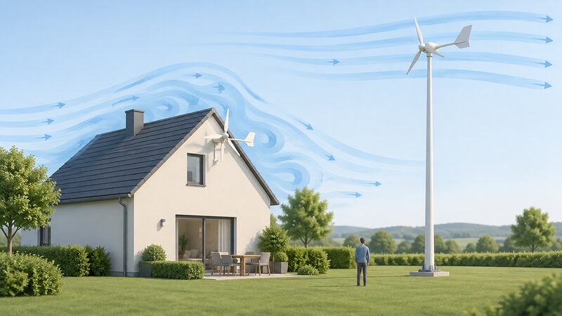 A side-by-side comparison of a small turbine fixed to the gable of a house, sitting in the disturbed air around the building, and a taller freestanding pole-mounted turbine on its own foundation in open ground nearby, its rotor lifted clear of the roof's wake.