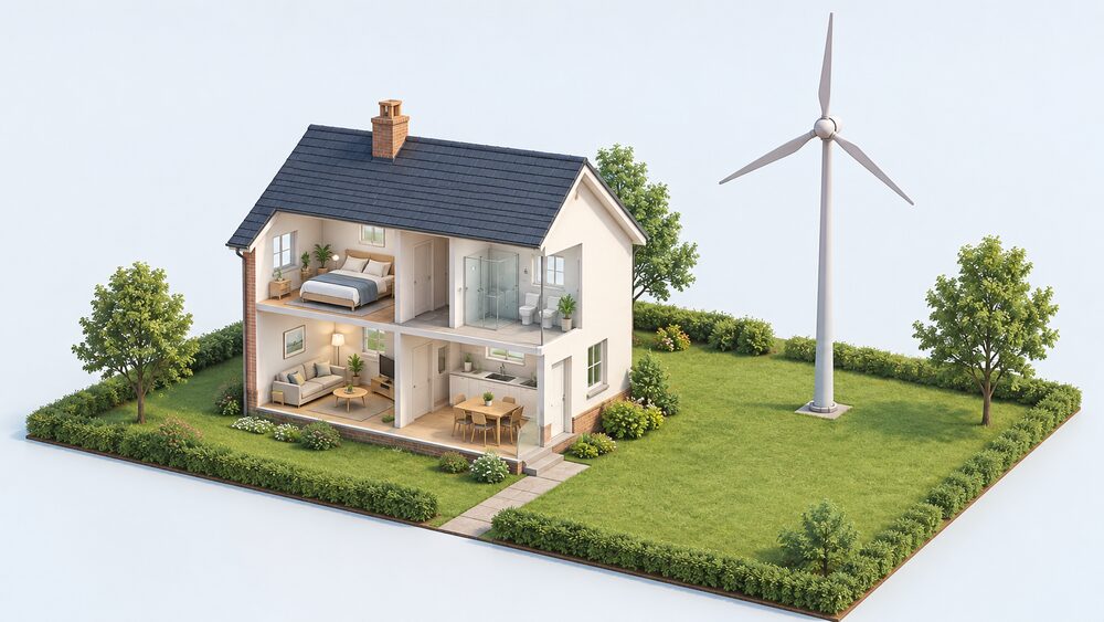 A small free-standing wind turbine on a tall tower in an exposed garden beside a house, its blades well clear of the ground and of nearby trees, with open sky around it.