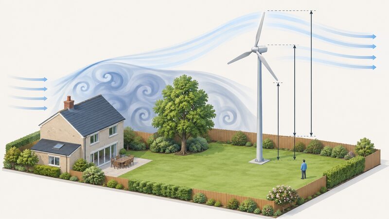 A cutaway side-view diagram of a pole-mounted domestic wind turbine in a garden, with plain dimension lines marking hub height, blade tip height and ground clearance, and shaded swirls showing turbulent air shed over a nearby house and tree.
