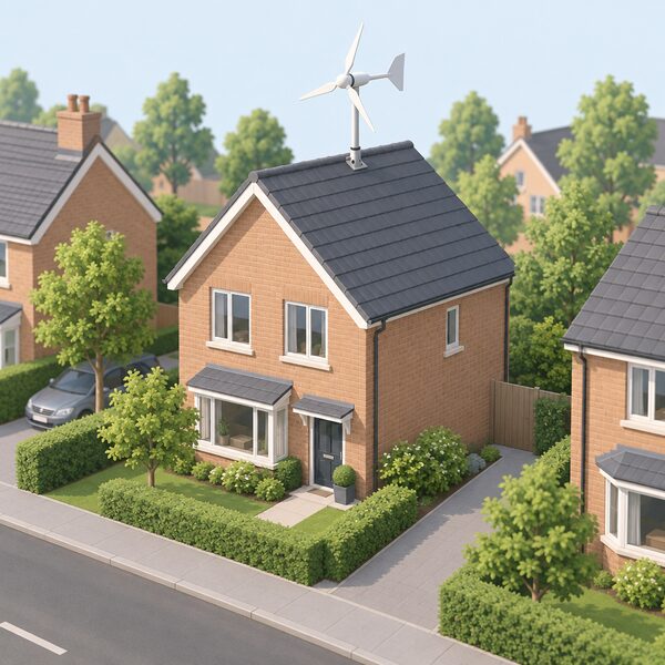 A small roof-mounted domestic wind turbine on the pitched roof of a suburban house, with neighbouring houses and trees around it suggesting a sheltered street setting.