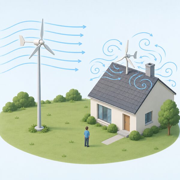 A small wind turbine on a tall pole standing in open, unobstructed ground with steady wind implied by gently curved airflow lines, contrasted in the same scene with a nearby house roof where a small roof-mounted turbine sits in turbulent air.
