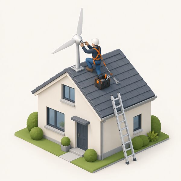 A small isometric figure of a general renewable energy engineer, in plain clothing and a safety harness, working on a small roof-mounted wind turbine atop a domestic house, with a tool bag beside him and a ladder against the roof edge.