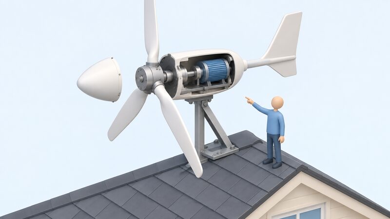 A cutaway diagram of a small horizontal-axis roof-mounted wind turbine, its nose cone removed to reveal the blades joined to a hub that drives a generator inside the nacelle, all held on a bracket fixed to a sloping roof, with a simplified isometric figure pointing at the cutaway.