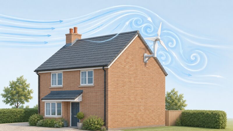 A small three-bladed wind turbine on a short mast fixed by a bracket to the gable end of a simple British house, drawn with swirling airflow lines showing turbulent air around the roof so the disturbed position of the blades is clear.