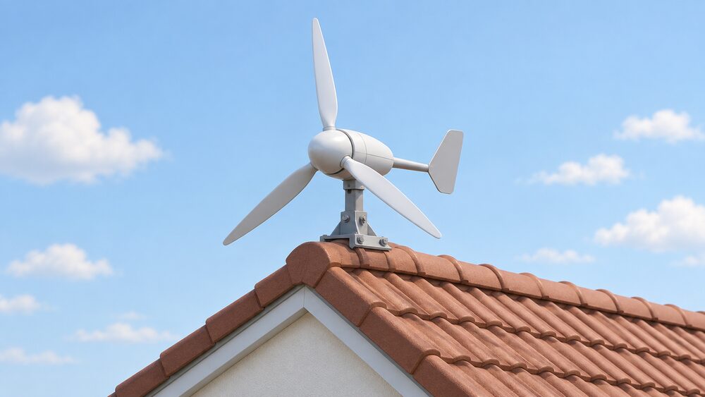 A small horizontal-axis roof-mounted wind turbine with three blades bolted to the ridge of a domestic rooftop, shown close up against the sky with the tiled roof slope below it and no other equipment.