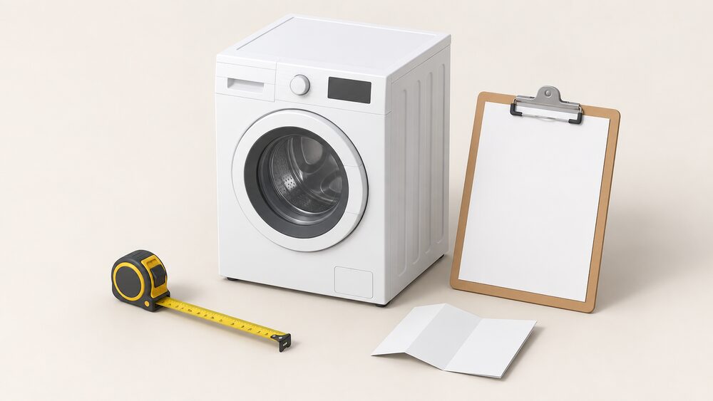 A compact white washing machine standing on a plain floor beside a large blank energy label sheet on a clipboard, with a tape measure and a folded blank document nearby, suggesting a householder comparing and choosing an appliance before purchase.