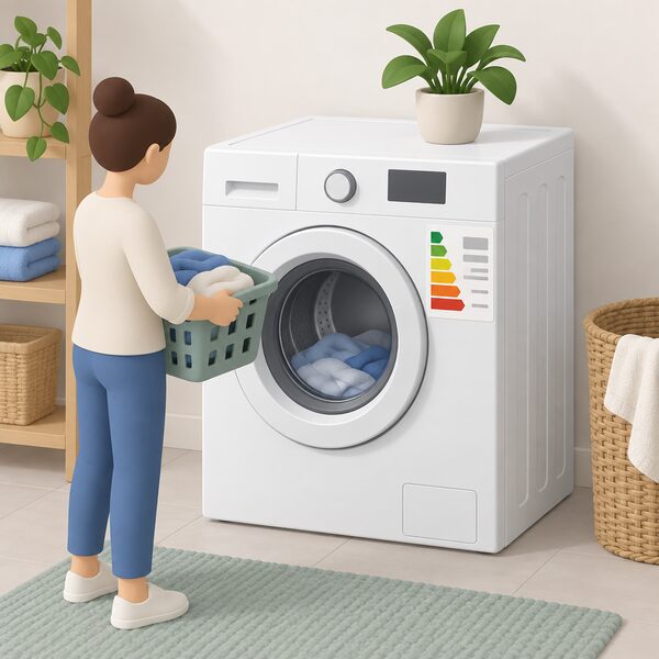 A household appliance such as a washing machine in a home setting with an energy label stuck to its front, the label drawn as a physical sticker showing a plain vertical colour-banded A to G scale with blank lines for details and no readable words or numbers.