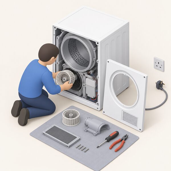 A simplified isometric figure kneels beside a front-loading tumble dryer with its front panel removed, fitting a replacement part, while spare parts and a small tool set lie on a mat nearby and the unplugged mains plug rests clear of the socket.