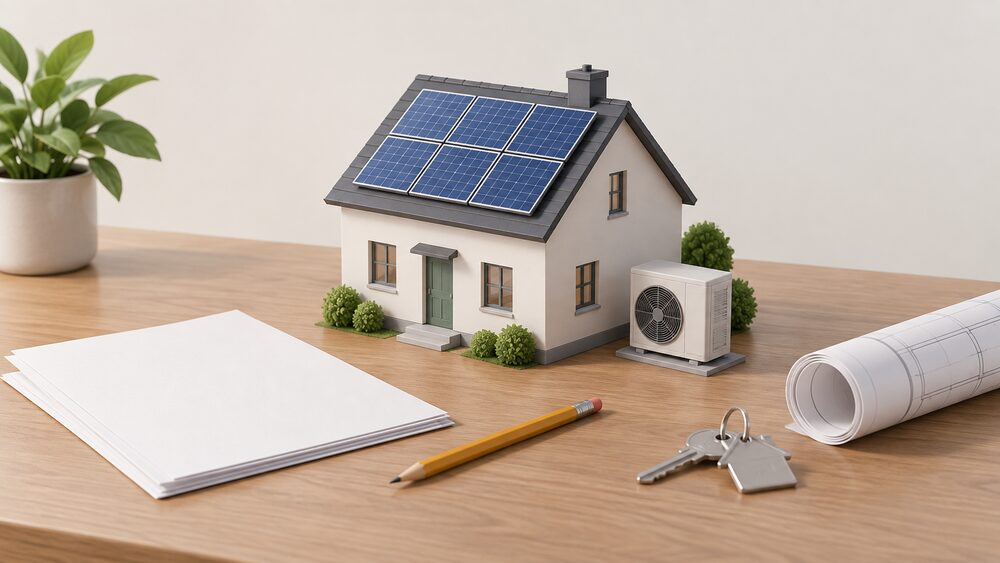 A small model house with solar panels on its roof and a heat pump unit at its side stands on a table beside blank planning application forms, a rolled-up site drawing, a pencil and a house key, suggesting a household preparing a planning application for energy work.