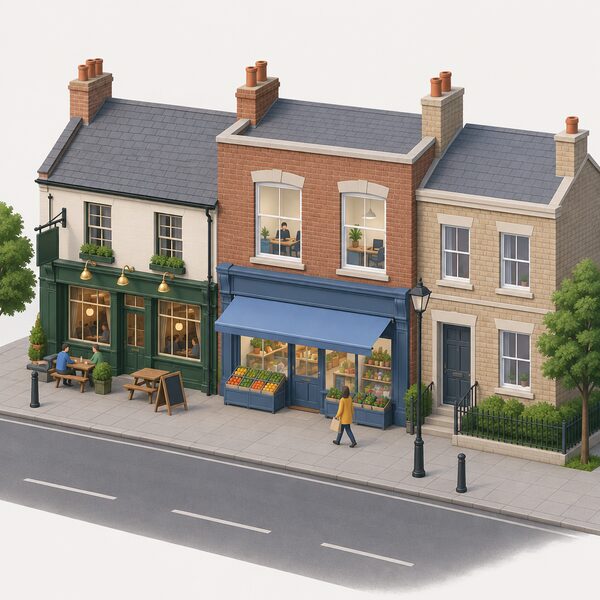 A quiet UK high street scene centred on a small local shop with a traditional pub beside it and a modest office above, all ordinary buildings on a street that an Article 4 direction covers, with no signage text or lettering visible.