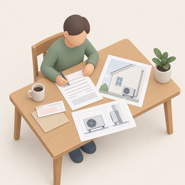 A householder at a kitchen table preparing a planning application pack: an application form with blank lines, a fee payment slip, and simple architectural drawings of an external wall-mounted heat pump and flue spread out beside a pen.