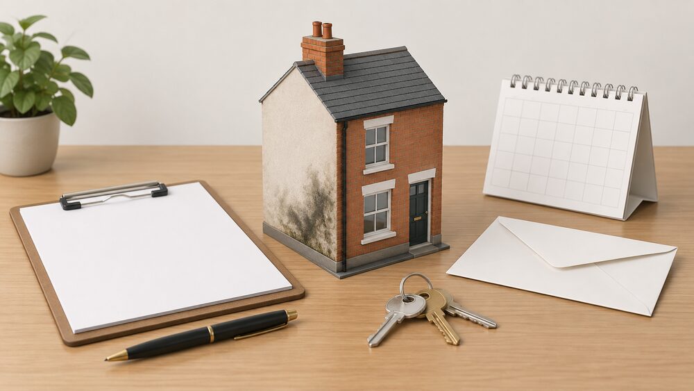 A small model of a terraced house with a dark damp patch on its corner wall stands beside a clipboard holding blank paperwork, a sealed envelope, a set of keys and a desk calendar, all arranged on a plain table.