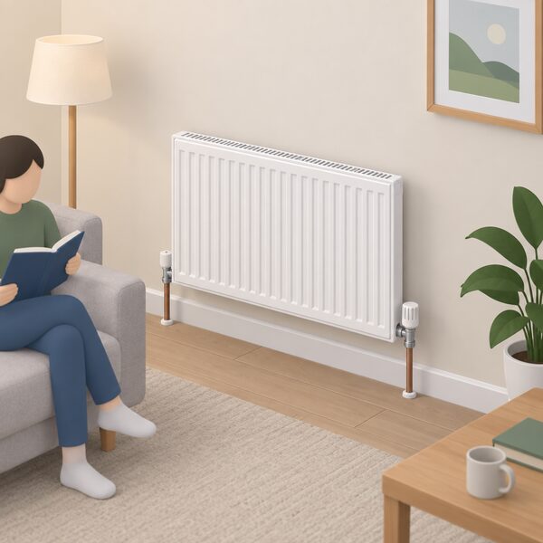 A plain panel radiator fixed to an interior wall of a simply furnished social-rented living room, drawn as everyday household equipment that would fall within scope if excess cold and excess heat hazards are added under Phase 2.