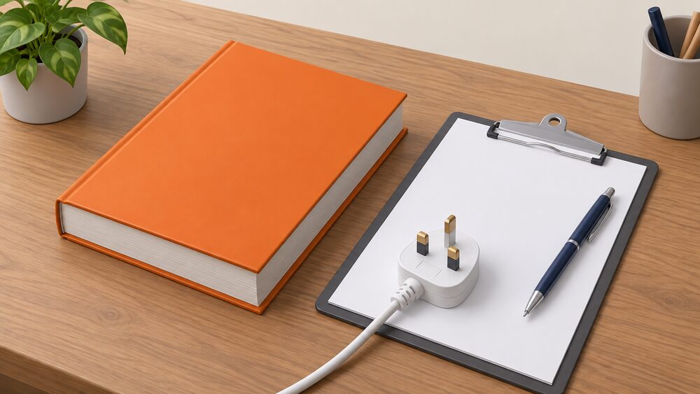 A thick orange-covered wiring regulations book lies closed on a wooden desk beside blank certification paperwork on a clipboard, a pen, and a white three-pin mains plug resting on the papers.