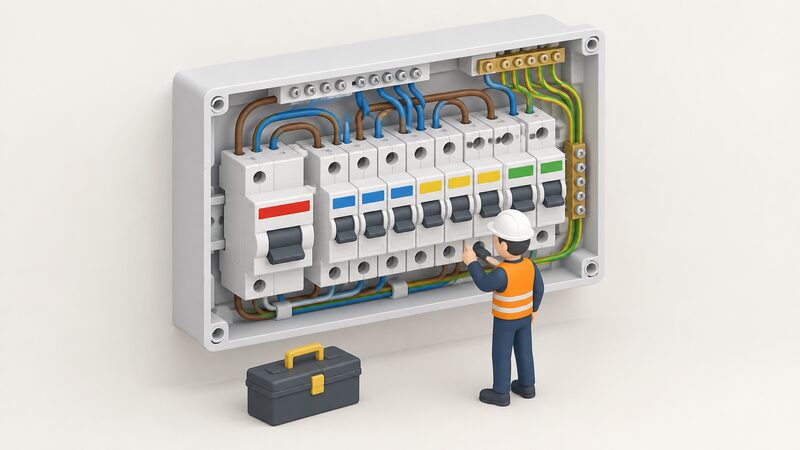 An open consumer unit with its front cover removed, showing a row of circuit protective devices whose rating markings appear only as blank colour bands, with a small isometric installer figure inspecting one device to check its suitability.