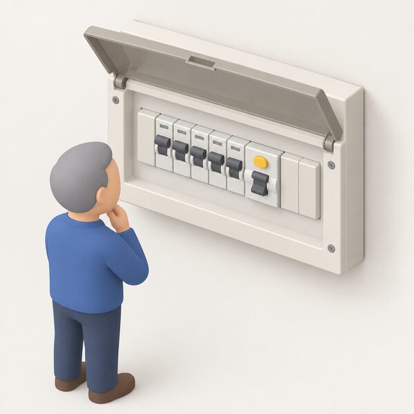 An older domestic consumer unit with its front cover open, showing a row of miniature circuit breakers and an RCD on a plain interior wall, with a simplified isometric figure inspecting it.