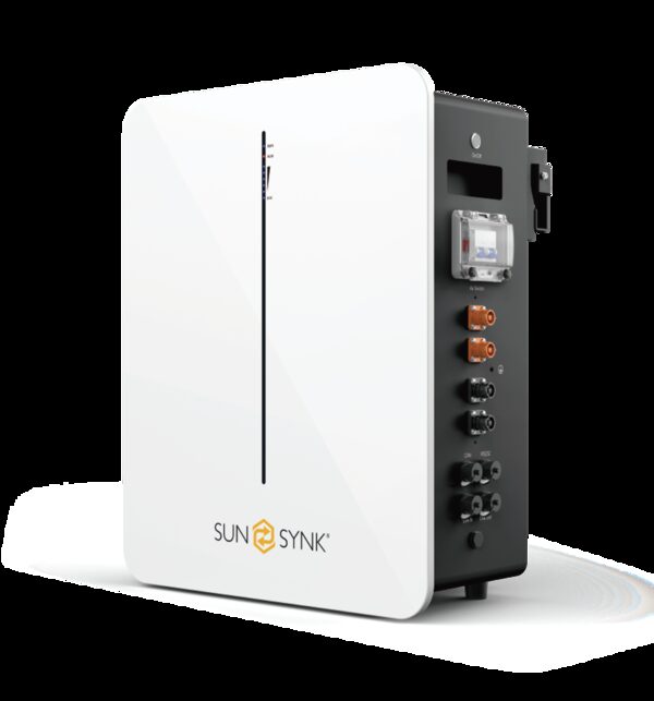A Sunsynk wall-mounted home battery unit shown at an angle, with white front panel and exposed connection terminals on the side